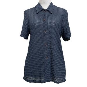Marcy Allan Vintage 70s Blue Crinkle Stretch Knit Button Up Semi Sheer Shirt